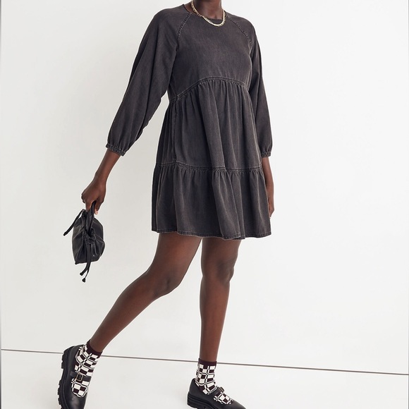 Denim Raglan-Sleeve Mini Dress in Lunar Wash Sz XXS